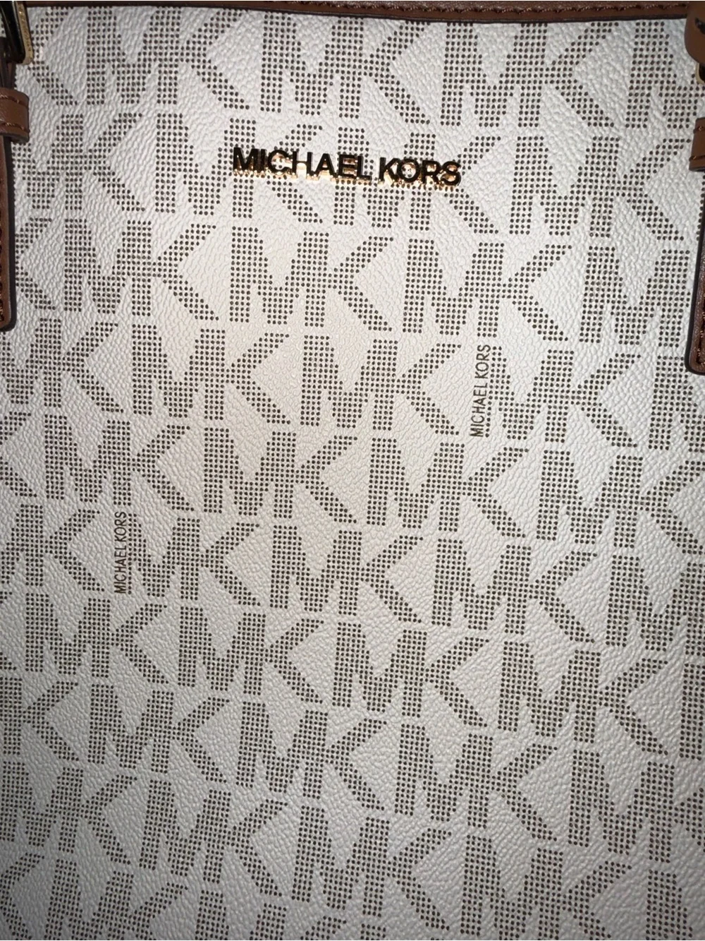 Michael Kors Cream Signature MK Tote with Brown Trim